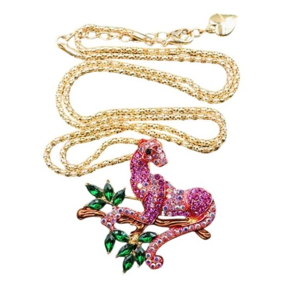 Betsey Johnson Necklace Pink Crystal Panther Brooch / Pendant Gold Tone - Picture 1 of 2